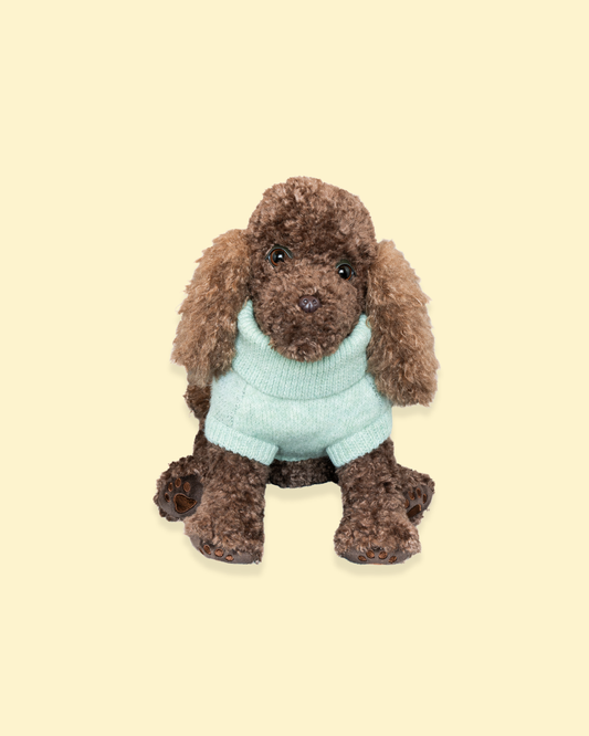Comfort Me Raffy wearing a pale, sage green knitted jumper