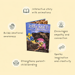 A book titled 'Kitty and I' is centered on a pale yellow background with surrounding text callouts and icons describing its interactive, emotional, and creative benefits.