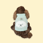 Comfort Me Raffy wearing a sage green jumper with a dog's face design on the back