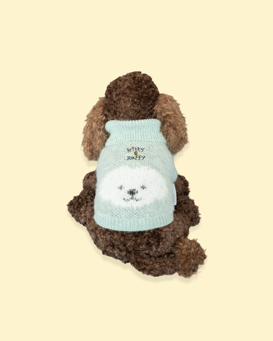 Comfort Me Raffy wearing a sage green jumper with a dog's face design on the back