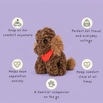 A brown curly-haired plush dog toy with a red bandana sits centered on a light purple background, surrounded by five white circular icons with text describing benefits such as comfort anywhere, travel usefulness, separation anxiety relief, and a familiar companion on the go.