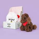 A brown curly-haired plush dog toy wearing a red bandana sits next to its branded white box and drawstring bag on a solid lavender background.