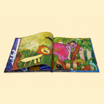 An open children's picture book with colorful, whimsical illustrations, displayed against a solid pale yellow background.