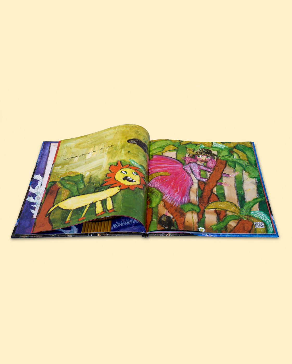 An open children's picture book with colorful, whimsical illustrations, displayed against a solid pale yellow background.