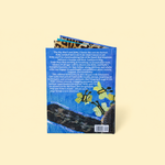The back cover of a book standing upright on a solid pale yellow background. The cover features a textured blue background with a painting of yellow flowers on a branch and a black-and-white photograph of a bee.