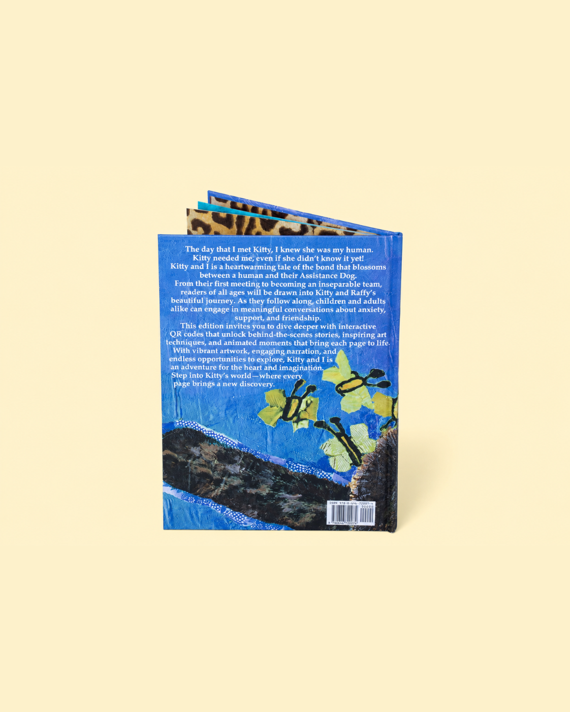 The back cover of a book standing upright on a solid pale yellow background. The cover features a textured blue background with a painting of yellow flowers on a branch and a black-and-white photograph of a bee.