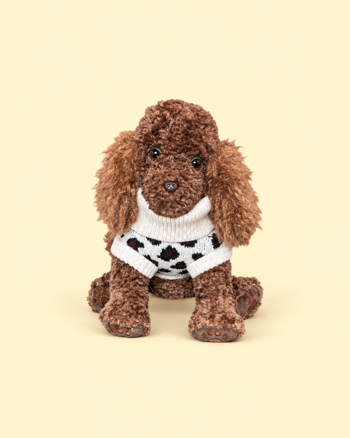 Comfort Me Raffy, comfort plush toy, wears a knitted leopard print jumper