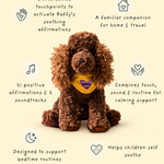 A brown curly-haired plush dog toy wearing a yellow bandana with a purple heart that reads 'Raffy's Calm Zone' is centered on a pale beige background with decorative icons and text describing its features.