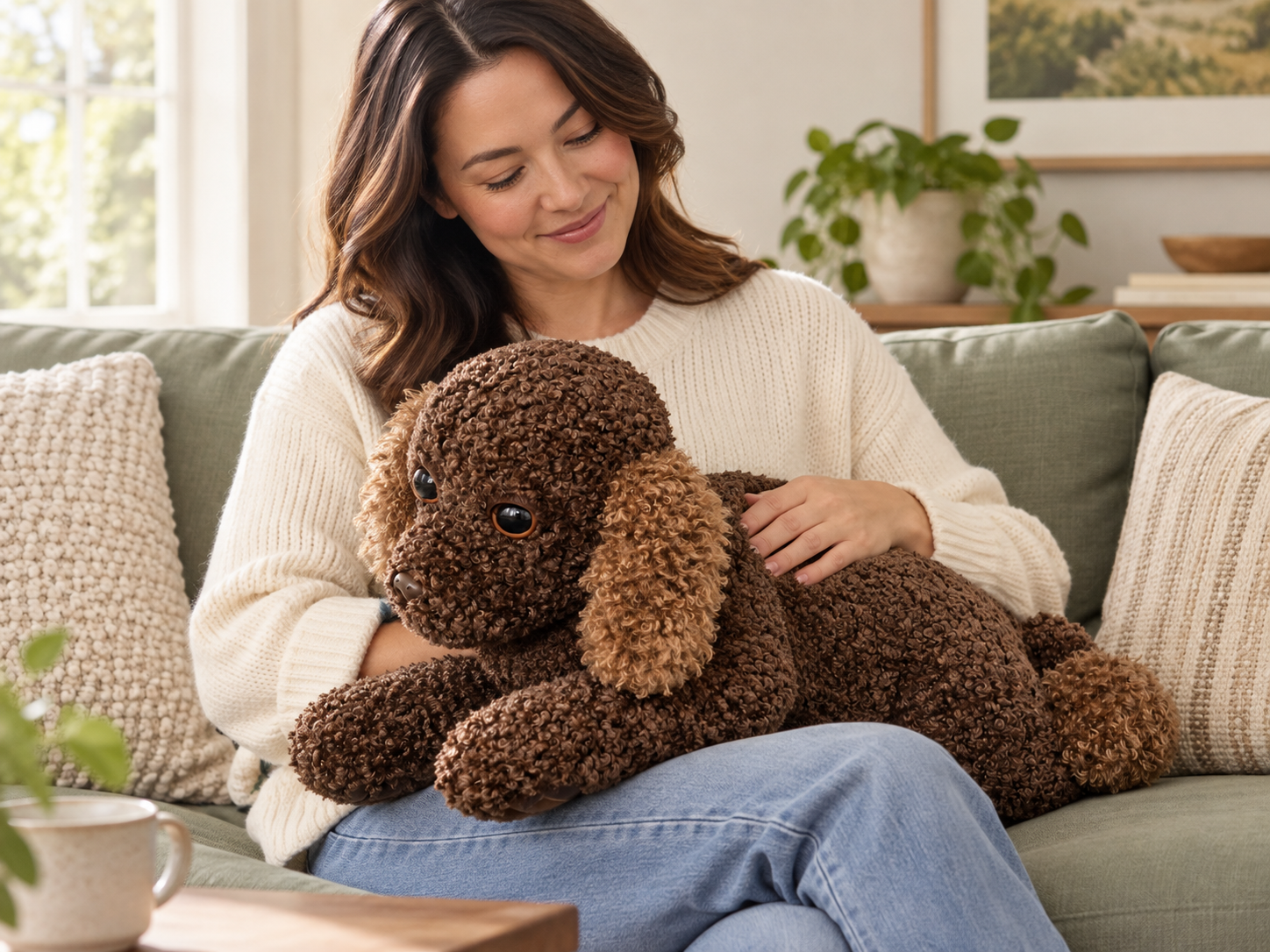 An adult holding Hug Me Raffy on a sofa