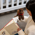 A girl in a cream knit sweater sits on the floor beside a white crib, reading a children's book while holding a small brown curly-haired plush dog with a red collar.