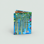 The back cover of a hardcover book standing upright on a light gray background. The cover features a colorful, textured illustration of a forest with green foliage, blue water, and a leopard print top border, with white text and a barcode.