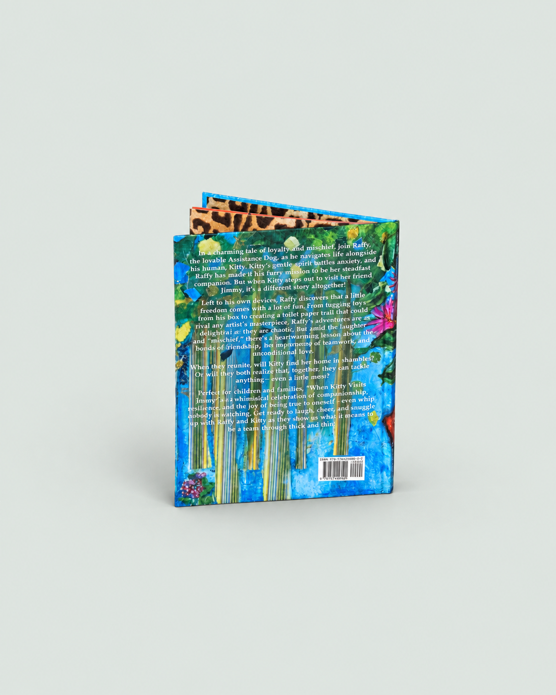 The back cover of a hardcover book standing upright on a light gray background. The cover features a colorful, textured illustration of a forest with green foliage, blue water, and a leopard print top border, with white text and a barcode.