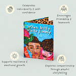 A children's book titled 'When Kitty Visits Jimmy' is centered on a pale blue background with decorative text callouts around it. The cover shows two illustrated faces and colorful abstract artwork.